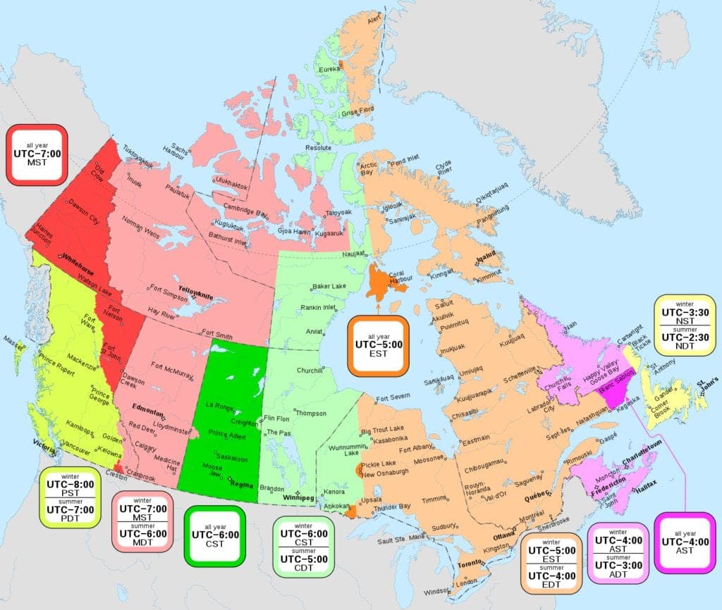 Có tất cả 6 múi giờ ở Canada, bắt đầu từ Newfoundland Time ở phía đông cho đến Pacific Time ở phía tây.